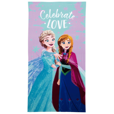 Toalha com ilustração das personagens Elsa e Anna de Frozen e texto Celebrate LOVE