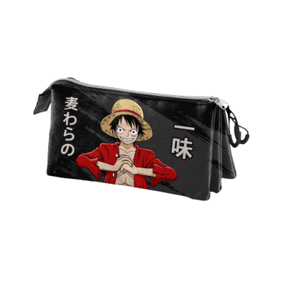Estojo preto com personagem de manga e texto japonês