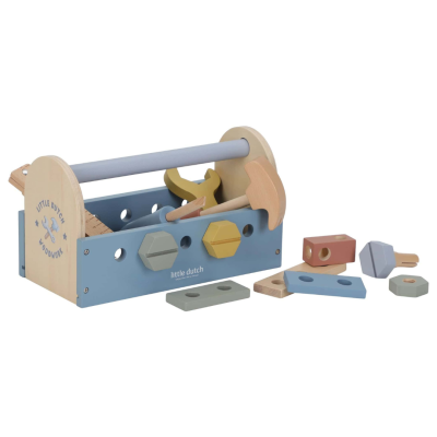 Conjunto de ferramentas infantis em madeira colorida com caixa azul