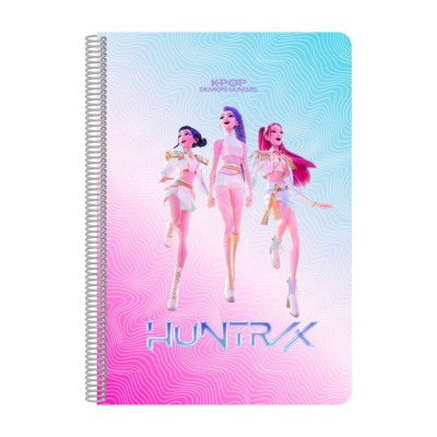 Caderno com capa colorida de personagens femininas e texto K-POP DEMON HUNTERS e HUNTR/X