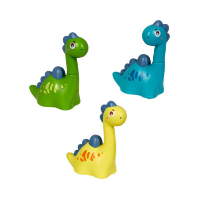 Três brinquedos de dinossauro de plástico colorido em fundo branco
