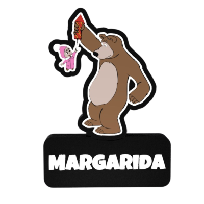 Suporte decorativo com urso castanho e menino rosa e base com texto MARGARIDA