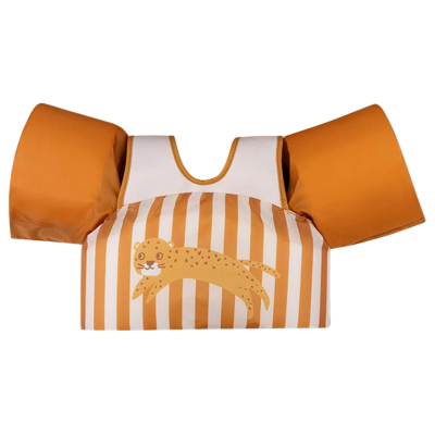 Colete salva-vidas infantil laranja e branco com riscas e pantera amarela