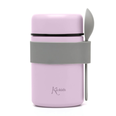 Recipiente alimentar rosa com faixa cinzenta e colher cinzenta presa
