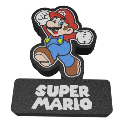 Figura decorativa do Super Mario com base preta e texto
