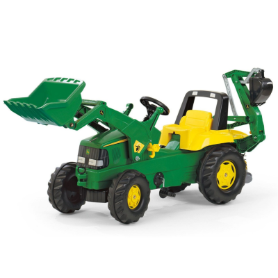 Brinquedo de trator verde e amarelo com balde e braço escavador