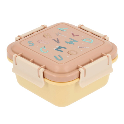 Caixa quadrada de plástico bege com tampa rosa e letras coloridas