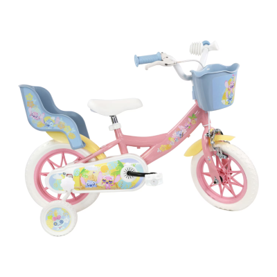 Bicicleta infantil rosa com cesto azul e assento extra azul decorados com ratóes