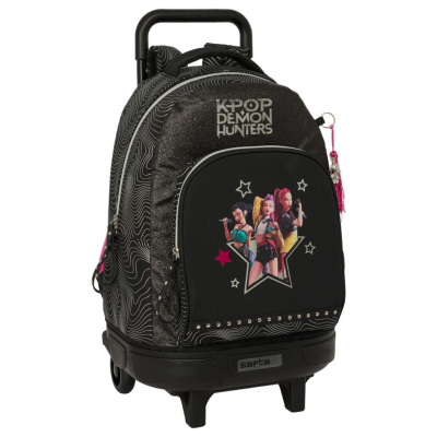Mochila de carrinho preta com estampa K-POP DEMON HUNTERS e personagens coloridas.