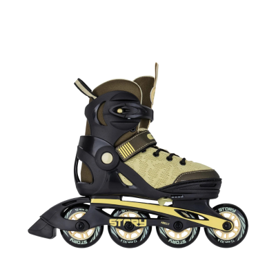 Patins em linha bege e preto com rodas e detalhes amarelos