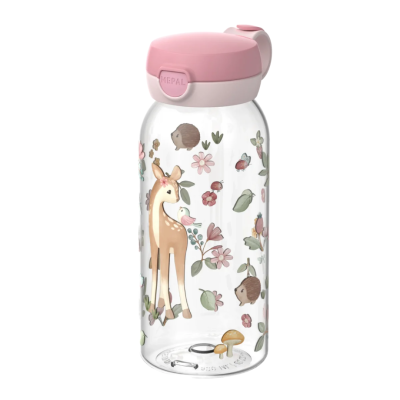 Garrafa transparente com tampa rosa e desenhos de veado, pássaros, ouriços, cogumelos e flores.