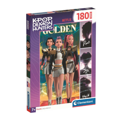 Caixa de puzzle K-POP Demon Hunters de 180 peças com personagens femininas animadas em roupas douradas e pretas.