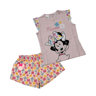 Conjunto infantil rosa claro e branco com estampa da Minnie e flores coloridas