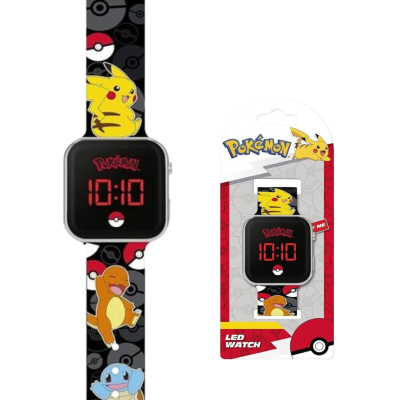 Relógio digital LED Pokémon com personagens e embalagem