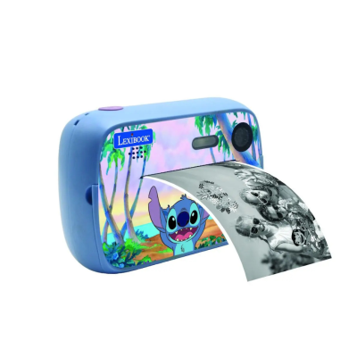 Impressora portátil azul com imagem do Stitch a imprimir fotografia preta e branca.