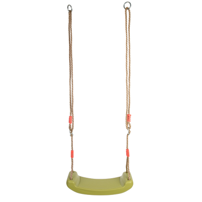 Balanço infantil verde com cordas castanhas e elementos vermelhos