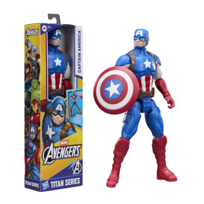 Boneco do Capitão América com escudo e embalagem dos Avengers