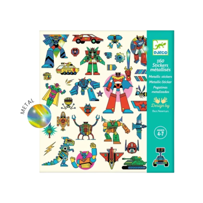 Pacote de autocolantes metálicos Djeco com robôs e carros coloridos