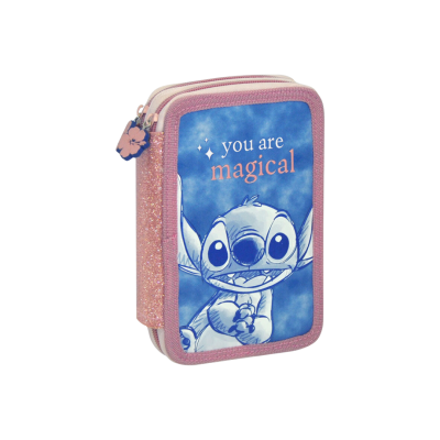 Estojo rosa com imagem do Stitch e texto 'you are magical'