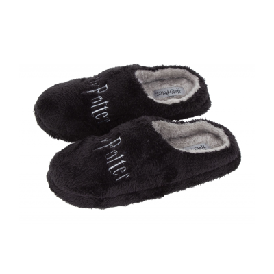 Chinelos pretos de pelúcia Harry Potter com interior cinza