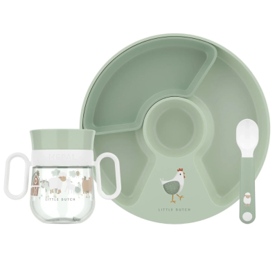 Conjunto de alimentação infantil verde claro com prato dividido, colher e copo com ilustrações de animais e texto LITTLE DUTCH.