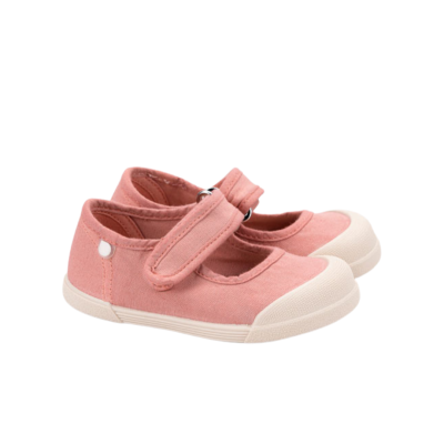 Sapatos infantis cor-de-rosa com sola e biqueira off-white e fecho de velcro