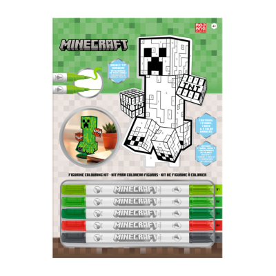 Kit para colorir figura Minecraft com marcadores de ponta dupla e embalagem pixelizada verde e bege