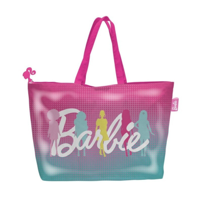 Saco de tecido rosa e azul com estampado Barbie e silhuetas de bonecas, alças rosa e zipper com pendente em forma de boneca