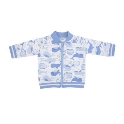 Casaco para bebé azul claro com padrão de baleias azuis e brancas