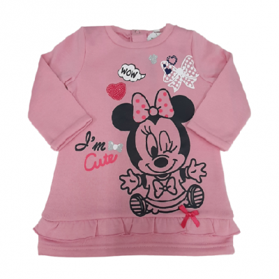 Vestido infantil rosa com estampa da Minnie Mouse e texto 'I'm Cute'