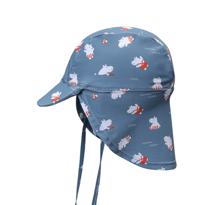 Chapéu infantil azul com padrão de hipopótamos e abas de proteção