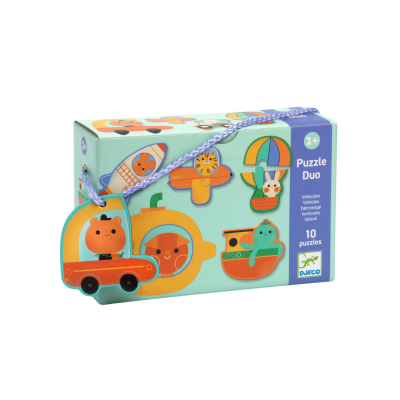 Caixa de puzzles Puzzle Duo colorida para crianças, com imagens de veículos e animais.
