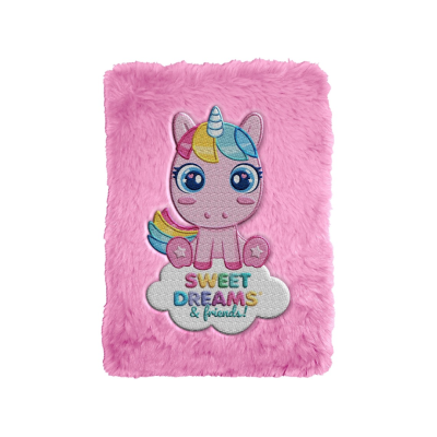 Capa rosa de caderno com desenho bordado de unicórnio e texto SWEET DREAMS & friends