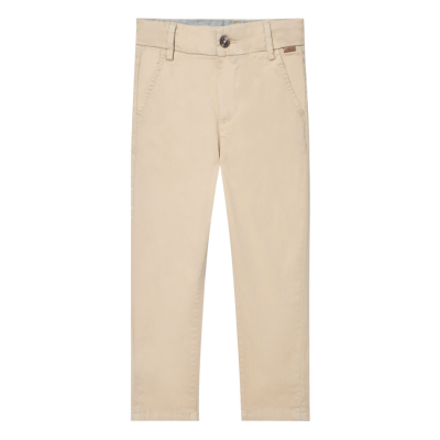 Calças bege claro compridas com bolsos e botão frontal