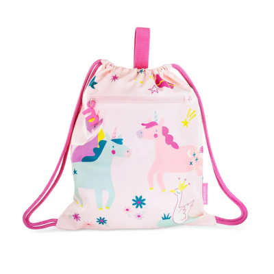 Mochila rosa claro com estampado de unicórnios coloridos e bolso frontal com fecho
