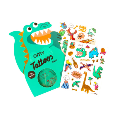 Embalagem em forma de dinossauro azul com tatuagens temporárias de dinossauros coloridos