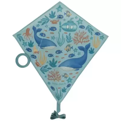 Pipa azul com desenhos de animais e plantas marinhas e texto little dutch.