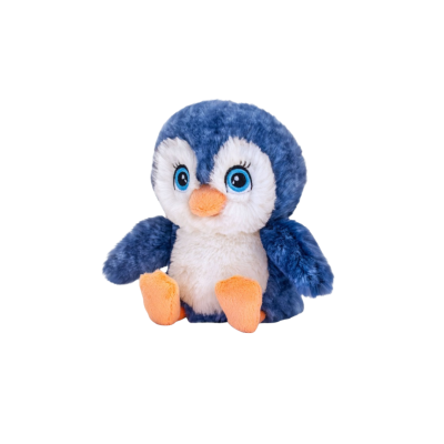Pelúcia de pinguim azul e branco com bico e patas laranja