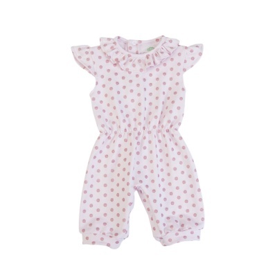 Macacão curto de bebé branco com bolinhas cor-de-rosa e gola de folhos