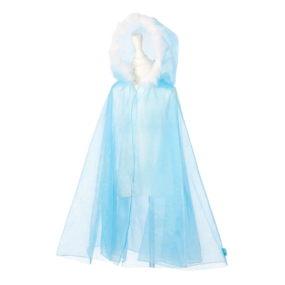 Capa azul claro translúcida com capuz de pelo branco num manequim