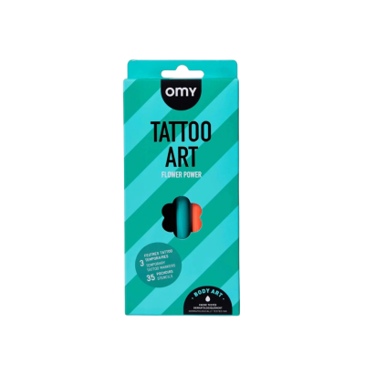 Caixa azul e verde de marcadores temporários para tatuagem OMY Tattoo Art