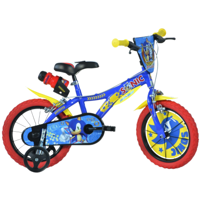 Bicicleta infantil azul e amarela com rodas vermelhas e tema Sonic
