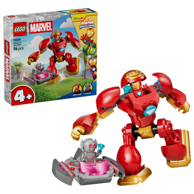 Conjunto LEGO Marvel Ultron vs. Iron Man com figuras de LEGO em vermelho, dourado e cinza