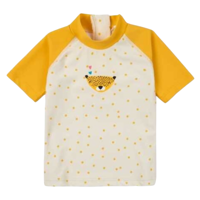 Camisola de bebé amarela e creme com padrão de bolinhas e leopardo