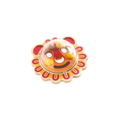 brinquedo infantil de madeira em forma de leão com bolas dentro de cúpula plástica