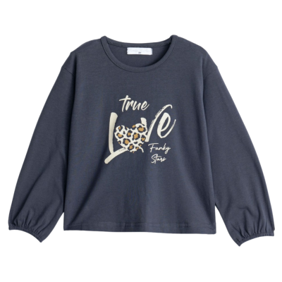 Camisola cinzenta escura de criança com estampado true Love Funky Stars e coração de oncinha