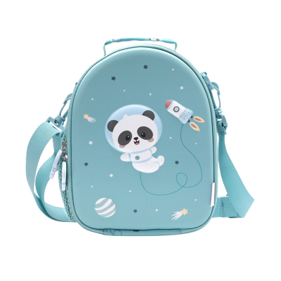 Mochila infantil azul claro com panda astronauta e foguete