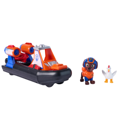 Brinquedo hovercraft com figuras de cão e galinha de plástico.