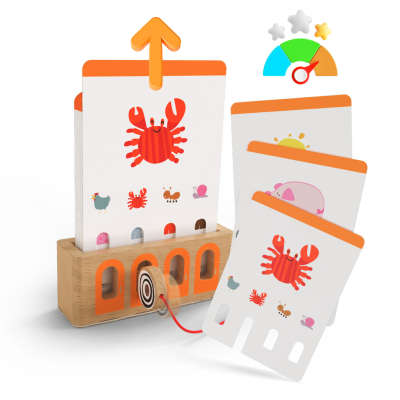 Jogo educativo de cartas com animais em base de madeira