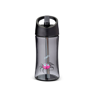 Garrafa plástica transparente com tampa preta e desenho de aranha cor-de-rosa